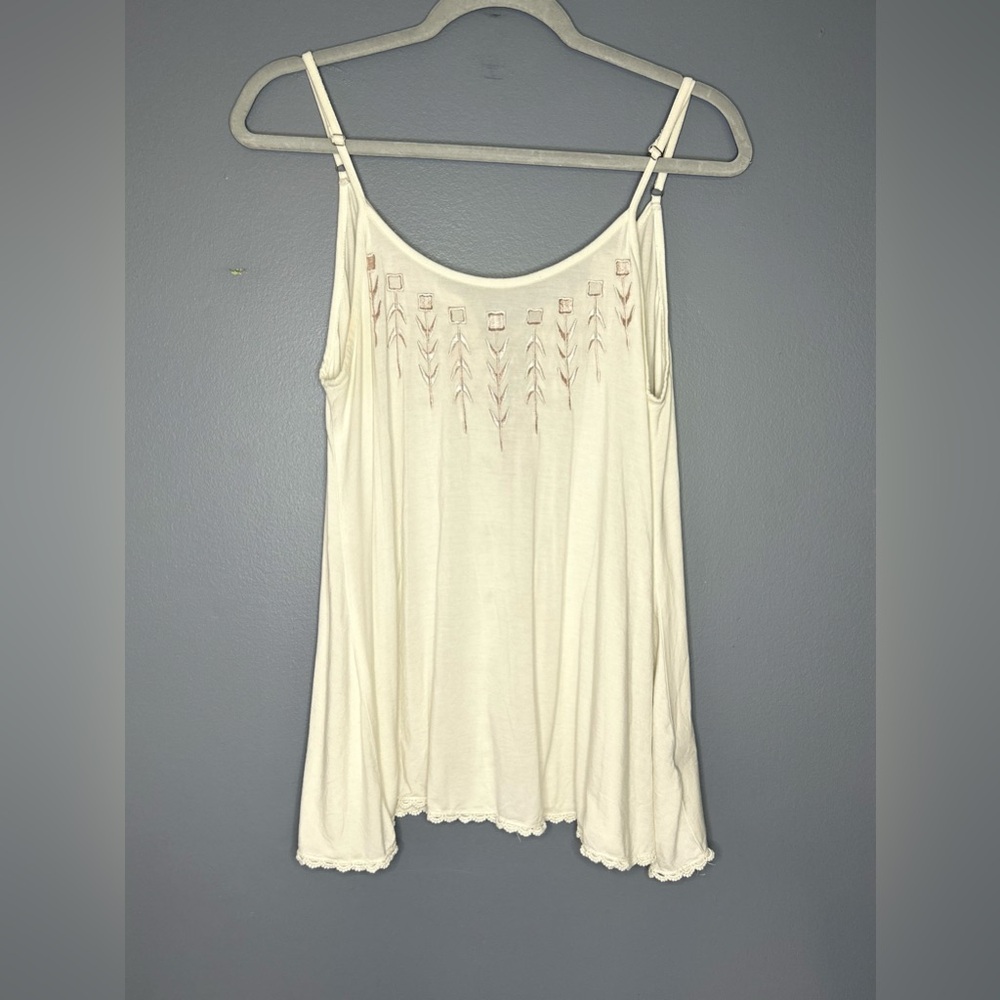 POL Tank Top Womens Large Ivory Embroidered Lace Up Open Back Babydoll Feminine - Picture 11 of 11